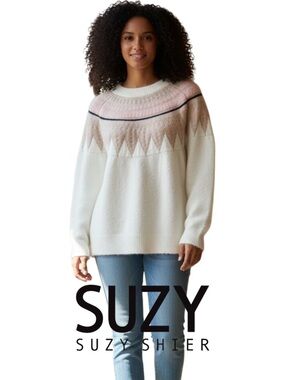 Suzy Shier White/Pink/Gold Fair Isle Yolk Crew Neck Sweater (M)